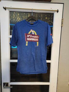 McDonalds Employee Shirt Mens Small Crew Graphic Blue Short Sleeve Retro Print